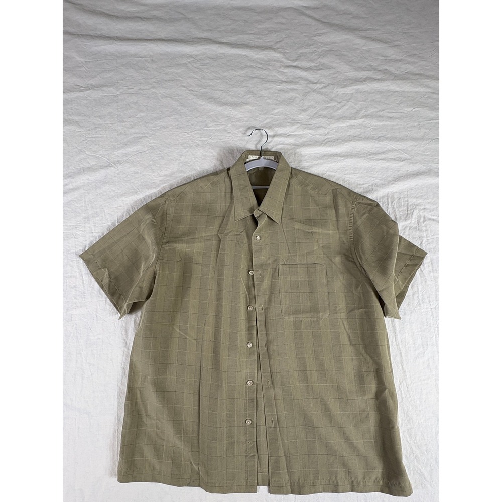 Perry Ellis Mens XL Short Sleeve Button Down Shirt Olive Green Grid MK2302